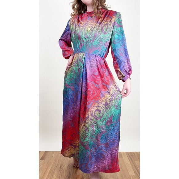 Vintage 100% Silk 70s Evening Gown Maxi Dress Formal Goddess Draped Floral Fancy - Picture 7 of 7